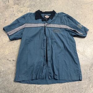 Harley Davidson Blue Button-Up Short Sleeve Shirt Embroidered Logo Size L Retro